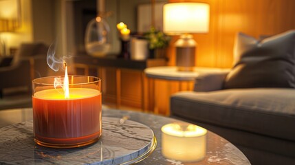 A close-up of a burning candle in a round glass jar on a marble coffee table, next to a lamp on a side table and a grey sofa in a modern loft home design.