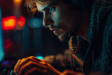Intently focused young man programming with code visible on dual monitors in a home office setup.