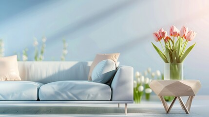 A contemporary living room design in light sky blue, featuring a minimalist sofa and geometric furniture, with a softly blurred background highlighting a side table with fresh tulips.