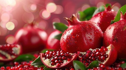 Pomegranate Freshness, Juicy pomegranates with seeds and leaves, Healthy Fruit