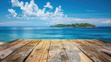Fototapeta premium Wooden table on the background of the sea, island and the blue sky