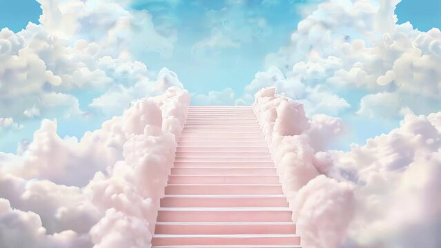 Stairway to heaven through white clouds in blue sky background.