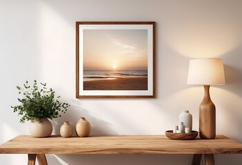 Mock up frame in home interior background, white room with natural wooden table and decor, 3d render