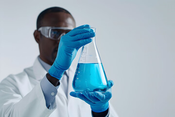 Scientist in lab coat and gloves holding a beaker with blue liquid conducting experiment in a laboratory setting. - Powered by Adobe