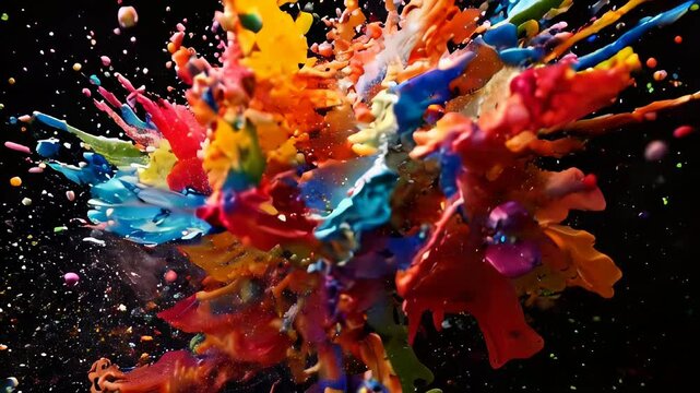 Abstract vibrant multicolor wet paint splash of drops isolated on black background