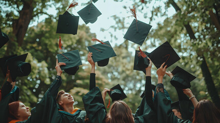 Group of graduates throwing caps in the air celebrating their graduation ceremony outdoors among trees, symbolizing success and new beginnings.