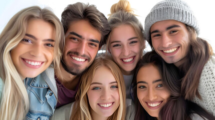 A diverse group of six young friends smiling and embracing each other, showcasing joy and camaraderie.