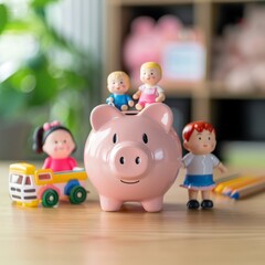 Obraz premium Piggy Bank Family Scene on Desk Teaching Financial Education