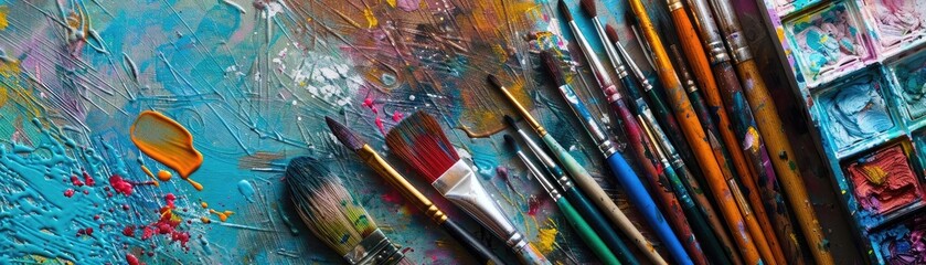 Fototapeta premium Vibrant paintbrushes and colorful palette on a textured canvas, capturing the essence of artistic creativity and expression.