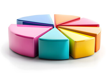 Colorful 3D pie chart with eight segments in different vibrant colors, representing data visualization, statistics, and business analysis.