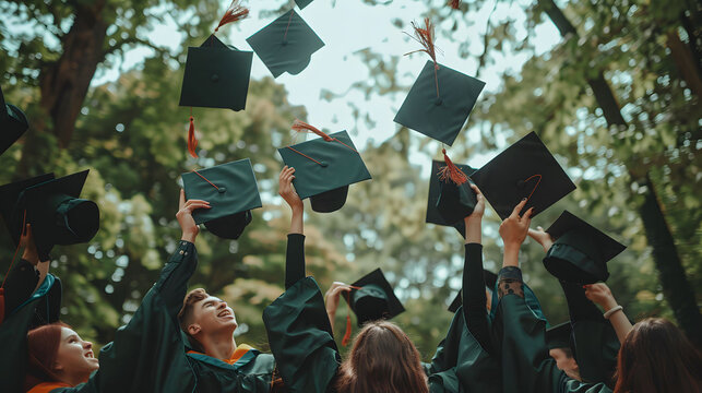 Group of graduates throwing caps in the air celebrating their graduation ceremony outdoors among trees, symbolizing success and new beginnings.