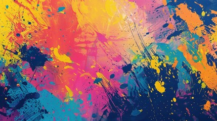 A bold abstract background with splattered paint textures in vibrant hues.