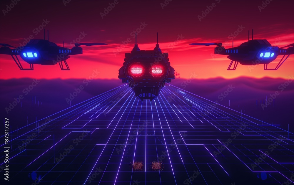Aufkleber 3d rendering of a video game scene featuring a neon grid with three drones flying in the background 