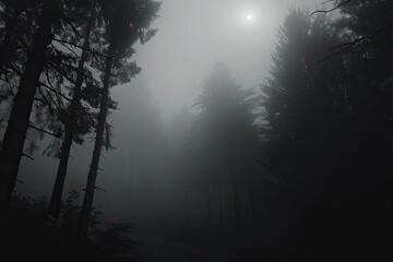 Fototapeta premium A dense, eerie forest enshrouded in thick fog with silhouettes of tall trees standing against the dim light, creating a mysterious and captivating atmosphere.
