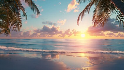 Beautiful sunset over the ocean with palm trees on beach background