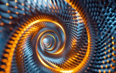 3d spiral with orange light inside, macro photography, metal surface