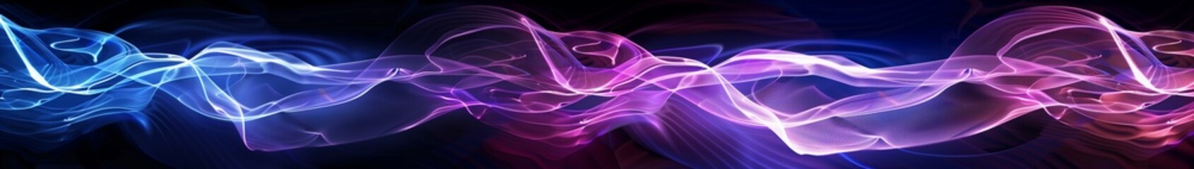 A purple and blue wave of energy on black background, with glowing waves of light and smoke, creating an abstract design with an illuminated effect.