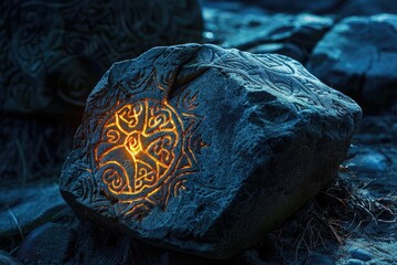 Glowing ancient rune stone in a mystical forest setting. Detailed and intricately carved, magical and enchanting.