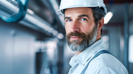 A construction worker wearing a hard hat stands inside an industrial facility