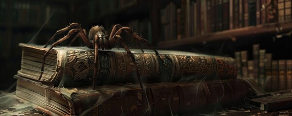 A large spider perched on an old book in a dimly lit library filled with antique bookshelves, creating a creepy and mysterious atmosphere.