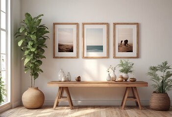 Mock up frame in home interior background, white room with natural wooden table and decor, 3d render