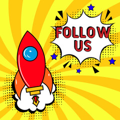 Follow us Comic pop-art style. Contest pop art comic style. Can be used for business, marketing and advertising.