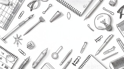 Naklejka premium Doodle-style office and school supplies scattered randomly on a white background, including notebooks, pens, pencils, paperclips, glasses, light bulbs, combs, brushes, and various stationery items, al