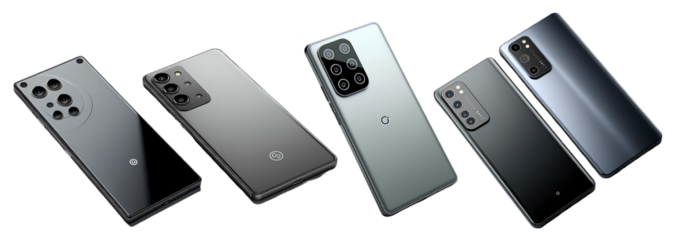 Modern Smartphones Displayed in a Row Highlighting Diverse Designs Transparent white background,png