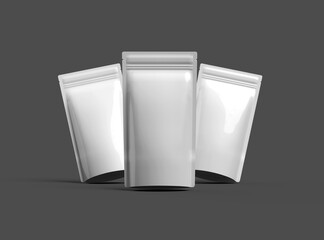 3D render of a glossy generic, narrow doypack packaging with a zipper on a dark background