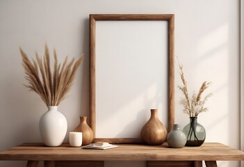 Mock up frame in home interior background, white room with natural wooden table and decor, 3d render