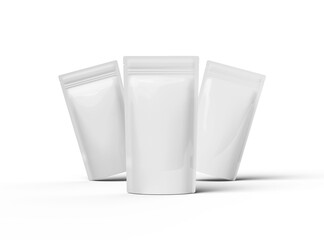 3D render of a glossy generic, narrow doypack packaging with a zipper on a transparent background