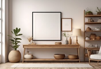 Mock up frame in home interior background, white room with natural wooden table and decor, 3d render