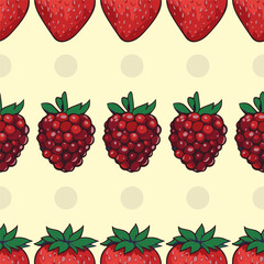 Seamless vector pattern with berries on polka dot background