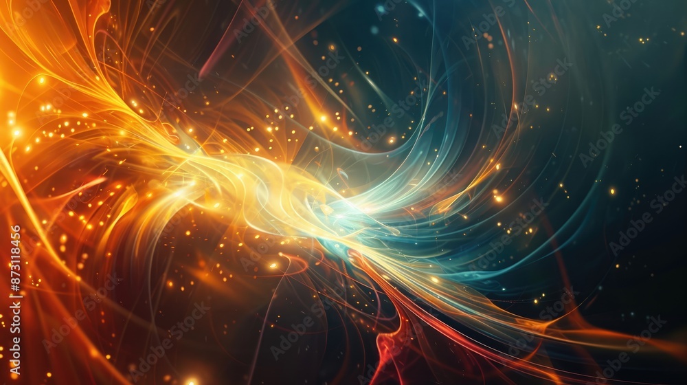 Poster a dynamic abstract background with fractal designs and glowing light accents.