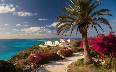 Tropical Island Villa with Palm Trees and Ocean View