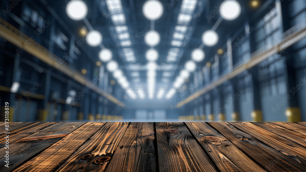 Poster empty wood table top with blur background of warehouse of factory. the table giving copy space for p