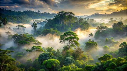 Ethereal misty jungle morning landscape features towering trees vanishing into fog-shrouded atmosphere with lush green vegetation and atmospheric silence.