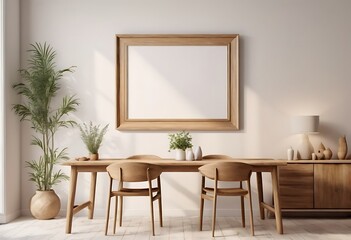 Fototapeta premium Mock up frame in home interior background, white room with natural wooden table and decor, 3d render