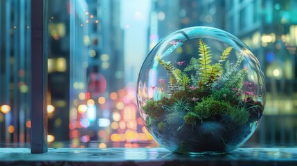 A beautiful glass terrarium filled with moss and ferns, placed in a forest setting, dappled sunlight highlighting the greenery, detailed forest backdrop