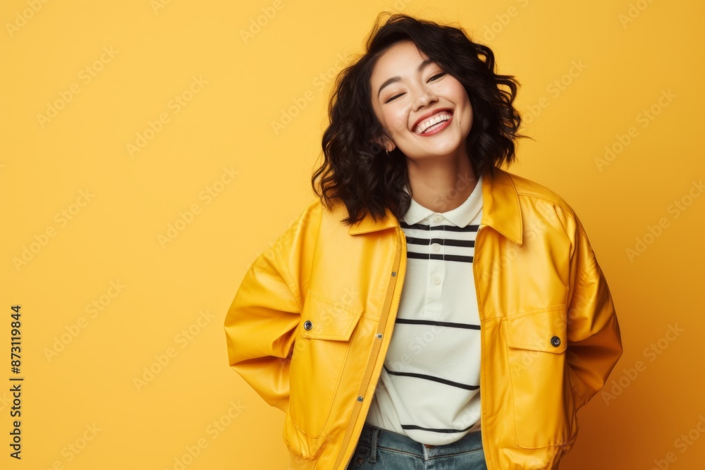 Wall mural Portrait of a happy asian woman in her 30s sporting a stylish varsity jacket isolated on pastel yellow background