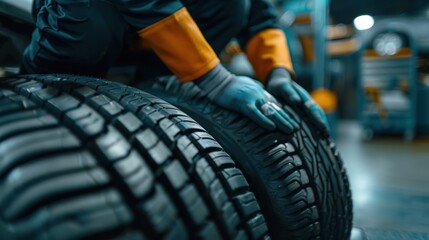 Naklejka premium Close Up of Mechanic Checking Tire Tread