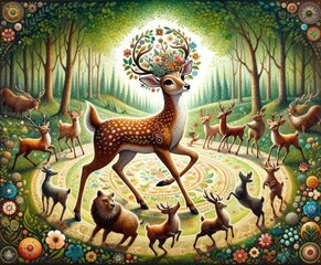 Deer and Forest Animals in a Magical Clearing