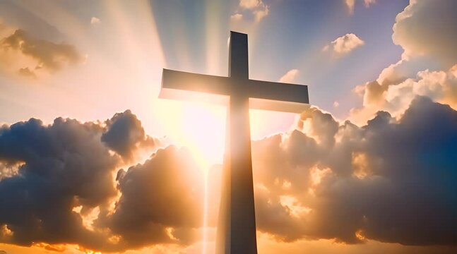 Jesus cross symbol glowing with golden light, floating majestically in an infinite sky background filled with vibrant, swirling colors of sunset and dawn