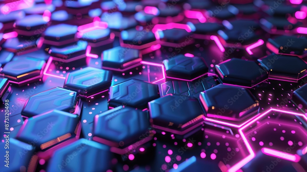 Poster a futuristic abstract background with hexagonal patterns and neon accents.