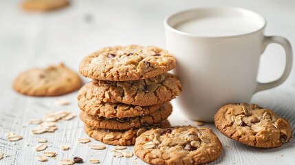 Oatmeal cookies with milk on white wooden table