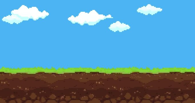 Animation of old style pixel game. Pixel art game background. Ground, grass, sky, tree, clouds and stars. Pixel art Game Design 8 bit video vector. Old school background for game.