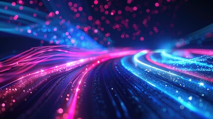 A futuristic abstract background with neon light patterns and trails.