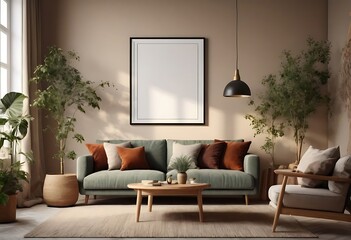 Frame mockup, ISO A paper size. Living room poster mockup. Interior mockup with house white background. Modern interior design. 3D render