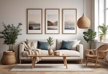 Frame mockup, ISO A paper size. Living room poster mockup. Interior mockup with house white background. Modern interior design. 3D render