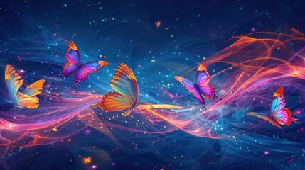 Butterflies gracefully flying with light lines tracing their movements, multicolored wings, set against a starry night sky